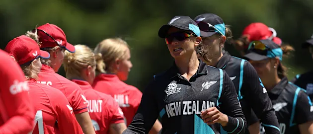 Players of England and New Zealand shake hands following a warm-up match between England and New Zealand prior to the ICC Women's T20 World Cup South Africa 2023 at Western Province Cricket Club on February 08, 2023 in Cape Town, South Africa.