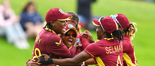 Anisa Mohammed of West Indies celebrates dismissing Sophie Ecclestone of England and winning the game for West Indies during the 2022 ICC Women's Cricket World Cup match between West Indies and England at University Oval on March 09, 2022.