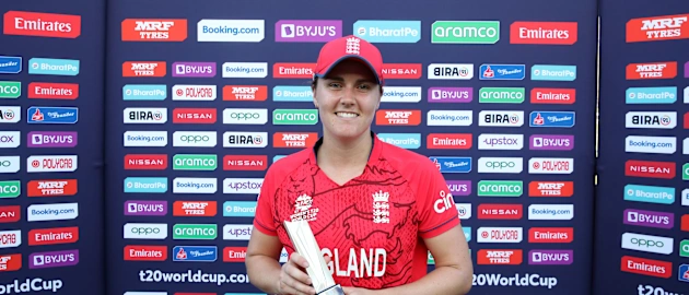 Nat Sciver-Brunt of England poses after being line up for the named Player of the Match following the ICC Women's T20 World Cup group B match between West Indies and England at Boland Park on February 11, 2023 in Paarl, South Africa.