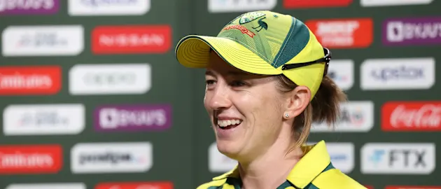 Rachael Haynes of Australia is interviewed with the Player of the Match award after the 2022 ICC Women's Cricket World Cup match between Australia and England at Seddon Park on March 05, 2022 in Hamilton, New Zealand.