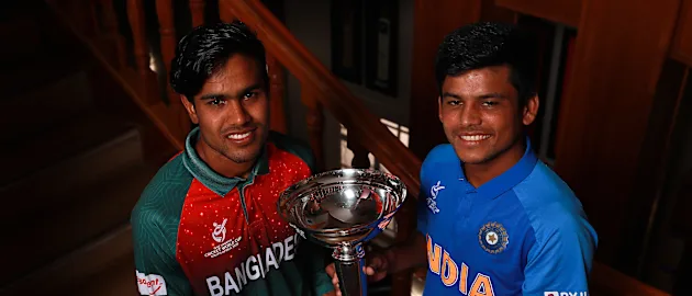 Mohammad Akbar Ali, captain of Bangladesh and Priyam Garg, captain of India pictured during a Captains photocall ahead of the ICC U19 Cricket World Cup Final 2020 at JB Marks Oval on February 08, 2020 in Potchefstroom, South Africa.
