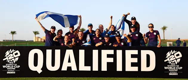 Players of Scotland celebrate victory and qualification following the ICC Women's T20 World Cup Qualifier 2024 Semi-Final match between Ireland and Scotland at Zayed Cricket Stadium on May 05, 2024 in Abu Dhabi, United Arab Emirates.