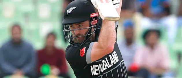 Kane Williamson of the New Zealand play a shot during the ICC Men's Cricket World Cup India 2023 warm up match between New Zealand and South Africa