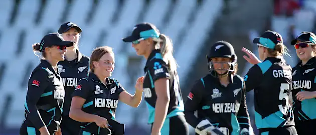 Eden Carson of New Zealand celebrates the wicket of Ritu Moni of Bangladesh during the ICC Women's T20 World Cup group A match between New Zealand and Bangladesh at Newlands Stadium on February 17, 2023 in Cape Town, South Africa.
