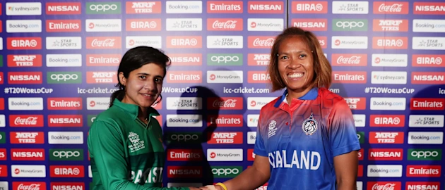 Captains Javeria Khan of Pakistan and Sornnarin Tippoch of Thailand shake hands after the match was drawn due to rain during the ICC Women's T20 Cricket World Cup match between Pakistan and Thailand at GIANTS Stadium on March 03, 2020.