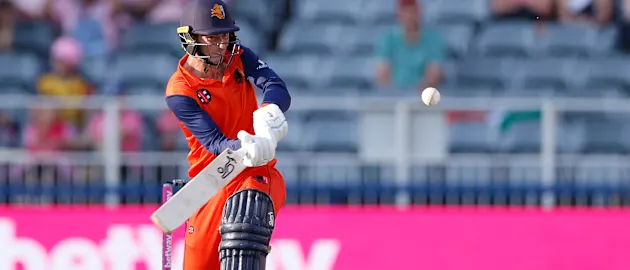 Netherland's Scott Edwards looks at the ball during the second one-day international (ODI) cricket match between South Africa and Netherlands at Wanderers Stadium in Johannesburg on April 2, 2023.