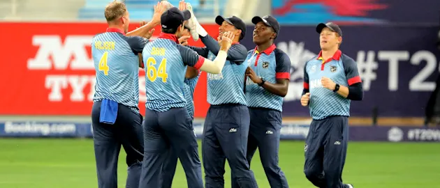 Namibia celebrate wicket of Assadollah Vala