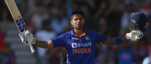 Suryakumar Yadav celebrates his century against England