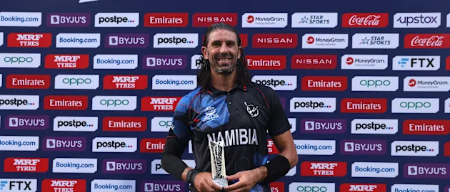 David Wiese of Namibia pictured with the 'Player of the Match' award after the ICC Men's T20 World Cup match between Namibia and Ireland at Sharjah Cricket Stadium on October 22, 2021 in Sharjah, United Arab Emirates.