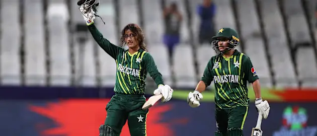 Muneeba Ali of Pakistan celebrates their century during the ICC Women's T20 World Cup group B match between Pakistan and Ireland at Newlands Stadium on February 15, 2023 in Cape Town, South Africa.