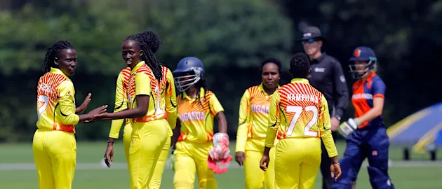 Ugandan players celebrate the dismissal of Netherland Batsman Kallis, 1st Play-off Semi-Final, ICC Women's World Twenty20 Qualifier at Utrecht, Jul 12th 2018.