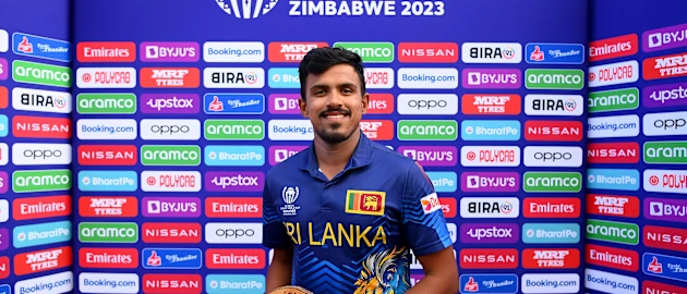 Mahesh Theekshana of Sri Lanka poses for a photograph with the Player of the Match award after defeating West Indies during the ICC Men's Cricket World Cup Qualifier Zimbabwe 2023 Super 6 match between Sri Lanka and West Indies.