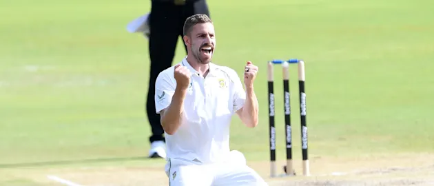Anrich Nortje celebrates after picking up a wicket