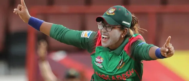 Rumana Ahmed of Bangladesh celebrates during the ICC Women's World T20 warm up match between Bangladesh and Ireland on November 4, 2018 at the Guyana National Stadium in Providence, Guyana.