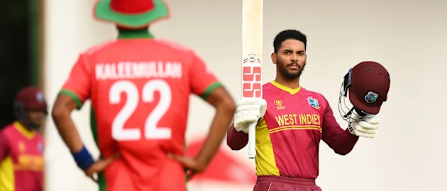 Brandon King of West Indies celebrates their century during the ICC Men's Cricket World Cup Qualifier Zimbabwe 2023 Super 6 match between West Indies and Oman at Harare Sports Club on July 05, 2023 in Harare, Zimbabwe.