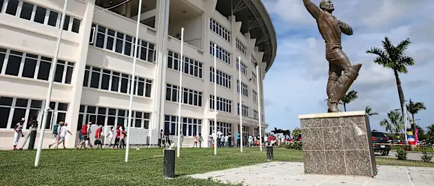 A statue of Sir Vivian Richards outside the main grandstand entrance during day five of the 1st Test match between West Indies and England at the Sir Vivian Richards Stadium on April 17, 2015 in Antigua, Antigua and Barbuda.