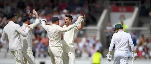 James Anderson needed just three balls to strike from the newly-named James Anderson End when Dean Elgar was lbw for a duck shortly before lunch.