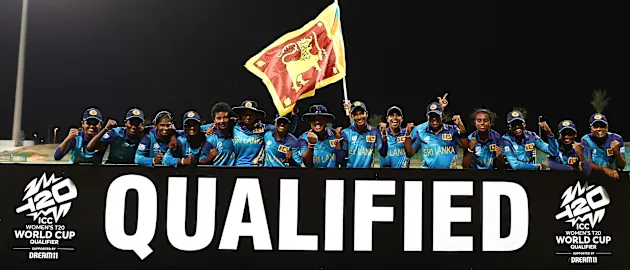 Players of Sri Lanka celebrate victory and qualification following the ICC Women's T20 World Cup Qualifier 2024 Semi-Final match between United Arab Emirates and Sri Lanka at Zayed Cricket Stadium on May 05, 2024 in Abu Dhabi, United Arab Emirates.