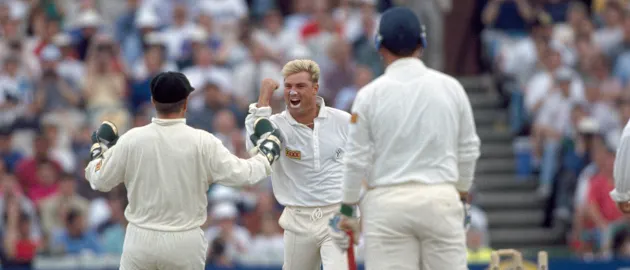 Shane Warne celebrates the wicket of Mike Gatting