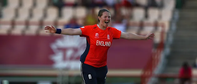 Anya Shrubsole of England celebrates bowling Yolani Fourie of South Africa during the ICC Women's World T20 2018 match between England and South Africa at Darren Sammy Cricket Ground on November 16, 2018 in Gros Islet, Saint Lucia.