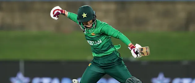 Bismah Maroof of Pakistan celebrates victory after hitting the winning runs during the ICC Women's T20 Cricket World Cup match between the West Indies and Pakistan at Manuka Oval on February 26, 2020 in Canberra, Australia.