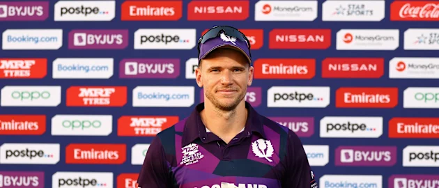 Richard Berrington of Scotland poses after being named Player of the Match the ICC Men's T20 World Cup match between Scotland and Papua New Guinea at Oman Cricket Academy Ground on October 19, 2021 in Muscat, Oman.