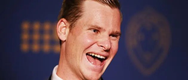 Steve Smith reacts to his award at the 2018 Allan Border Medal Ceremony