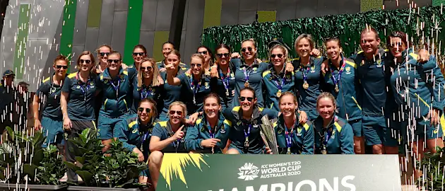 The Australian Women's T20 World Cup team celebrate after winning the ICC Women's T20 World Cup Final, at Federation Square on March 09, 2020 in Melbourne, Australia.