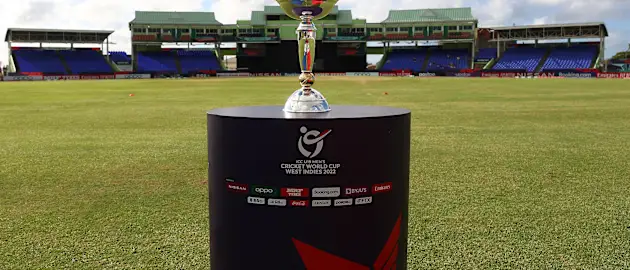 The ICC Men's U19 World Cup Trophy on show during the ICC U19 Men's Cricket World Cup match between Bangladesh and England at Warner Park Sporting Complex on January 16, 2022 in Basseterre, Saint Kitts and Nevis.