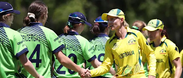 Meg Lanning of Australia and Orla Prendergast of Ireland shake hands following a warm-up match between Ireland and Australia prior to the ICC Women's T20 World Cup South Africa 2023 at Stellenbosch University 1 on February 08, 2023.