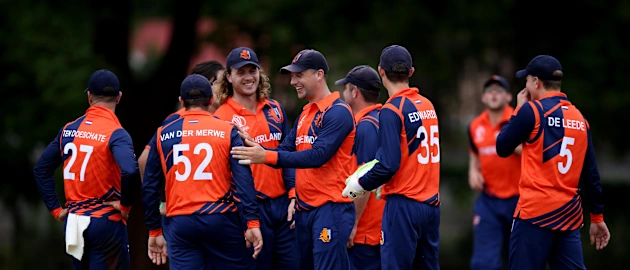 Netherlands players celebrate the wicket of Inhsanullah of Afghanistan during The ICC Cricket World Cup Qualifier Trophy Warm Up match between Afghanistan and The Netherlands at The Old Hararians Sports Club on March 1, 2018.