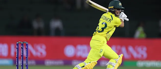 Ashleigh Gardner of Australia plays a shot during the ICC Women's T20 World Cup group A match between Australia and Bangladesh at St George's Park on February 14, 2023 in Gqeberha, South Africa.