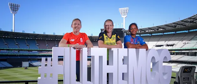 Womens T20 Captains Heather Knight of Great Britain, Meg Lanning of Australia and Harmanpreet Kaur of India pose for a photo during the Future Women's ICC 2020 Women's T20 World Cup Inspiration Session.