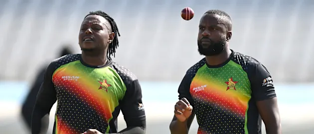 Victor Nyauchi and Tanaka Chivanga of Zimbabwe during a nets session at Trent Bridge on May 20, 2025 in Nottingham, England.