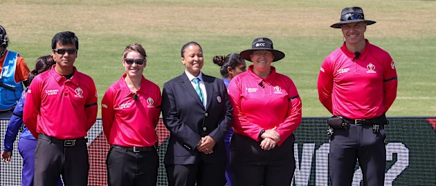 Umpires and match officials look on during the 2022 ICC Women's Cricket World Cup match between Pakistan and India at Bay Oval on March 06, 2022 in Tauranga, New Zealand.