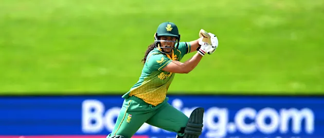 Chloe Tryon of South Africa bats during the 2022 ICC Women's Cricket World Cup match between Bangladesh and South Africa at University Oval on March 05, 2022 in Dunedin, New Zealand.