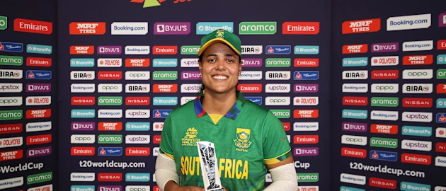 Chloe Tryon of South Africa poses after being named Player of the Match following the ICC Women's T20 World Cup group A match between South Africa and New Zealand at Boland Park on February 13, 2023 in Paarl, South Africa.