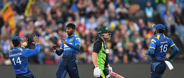 Sri Lanka team celebrating Aaron Finch's wicket