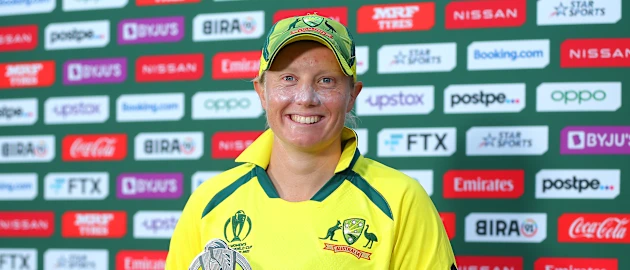 Alyssa Healy of Australia poses with the Player of the Match trophy after her team's victory during the 2022 ICC Women's Cricket World Cup match between Australia and the West Indies at Basin Reserve on March 30, 2022 in Wellington, New Zealand.