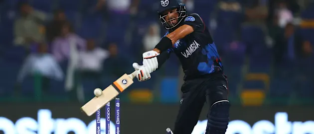 David Wiese of Namibia bats during the ICC Men's T20 World Cup match between Pakistan and Namibia at Sheikh Zayed stadium on November 02, 2021 in Abu Dhabi, United Arab Emirates.