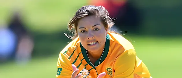 Sune Luus of South Africa fields a return throw during the ICC Women's T20 Cricket World Cup Warm Up match between Sri Lanka and South Africa at Karen Rolton Oval on February 16, 2020 in Adelaide, Australia.