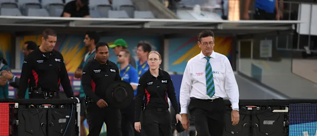 Match officials before the ICC Women's T20 Cricket World Cup match between England and Pakistan at Manuka Oval on February 28, 2020 in Canberra, Australia.