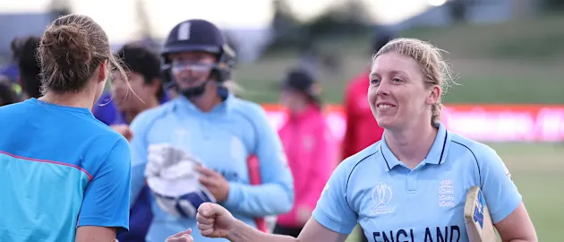 Heather Knight of England reacts after winning the 2022 ICC Women's Cricket World Cup match between England and India at Bay Oval on March 16, 2022 in Tauranga, New Zealand.