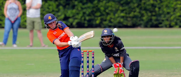 Match 3: Netherlands Batsmen Sterre Kalis plays a shot, Netherlands Women v UAE Women, Group A, ICC Women's World Twenty20 Qualifier at Utrecht, Jul 7 2018.