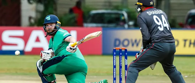 Irish batsman Paul Stirling sweeps the ball during a Group A World Cup Qualifier cricket match between United Arab Emirates and Ireland at Old Hararians Sports Club in Harare March 12 2018 (©ICC).
