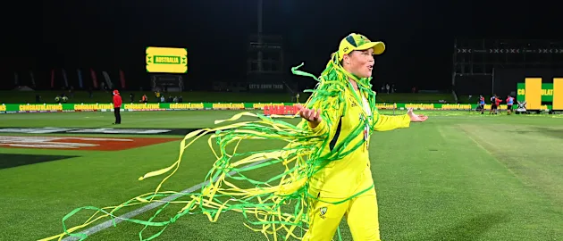 Grace Harris of Australia celebrates after Australia won the 2022 ICC Women's Cricket World Cup Final match between Australia and England at Hagley Oval on April 03, 2022 in Christchurch, New Zealand.
