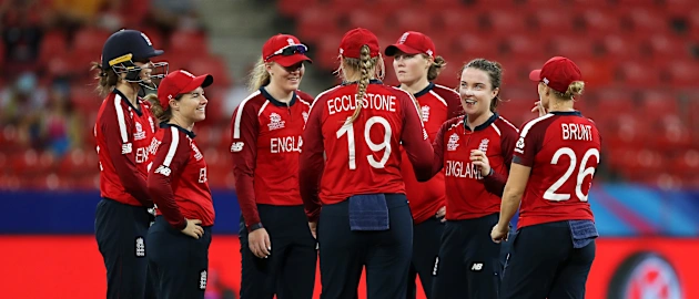 The England team celebrate the run out of Aaliyah Alleye of West Indies during the ICC Women's T20 Cricket World Cup match between England and West Indies at Sydney Showground Stadium on March 01, 2020 in Sydney, Australia.