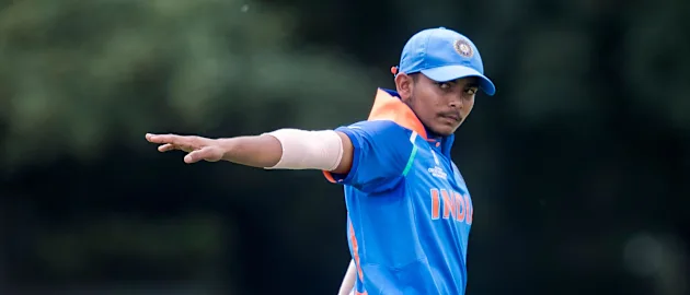 India captain Prithvi Shaw directs his field in the warm-up match against South Africa at Christ's College in Christchurch