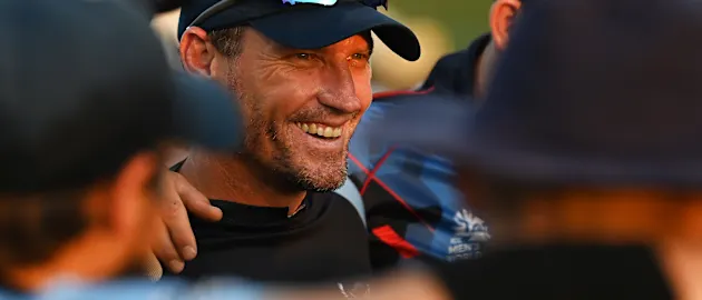Pierre de Bruyn, Head Coach of Namibia looks on ahead of the ICC Men's T20 World Cup match between Scotland and Namibia at Sheikh Zayed stadium on October 27, 2021 in Abu Dhabi, United Arab Emirates.