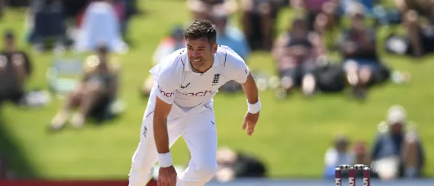 James Anderson of England bowls during day four of the First Test match in the series between New Zealand and England at Bay Oval on February 19, 2023 in Mount Maunganui, New Zealand.